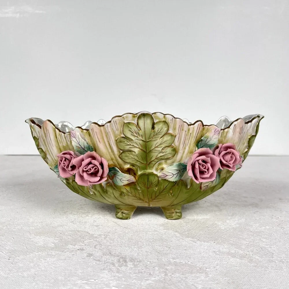 Lefton China Oval‎ Bowl Candy Dish Footed Pearlized 773M Flowers Japan Handpaint